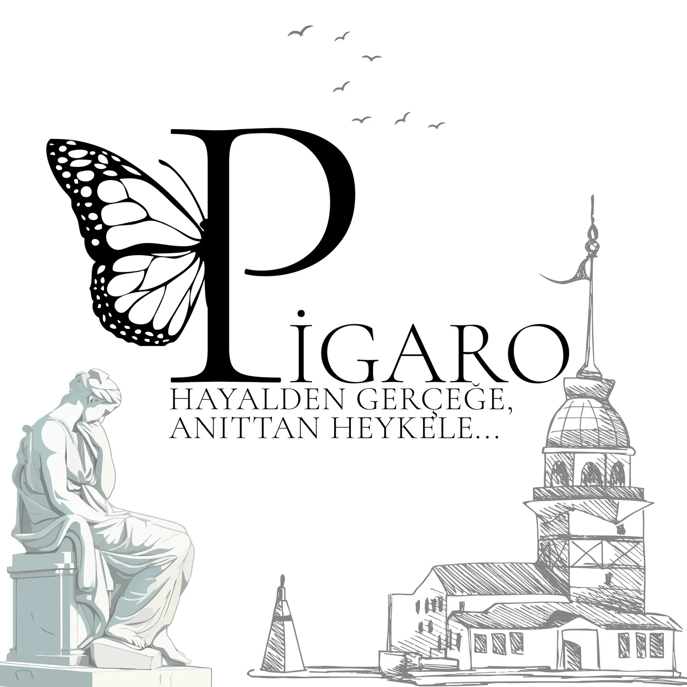 Pigaro logosu: kelebekli P harfi, oturan heykel ve Kız Kulesi çizimi